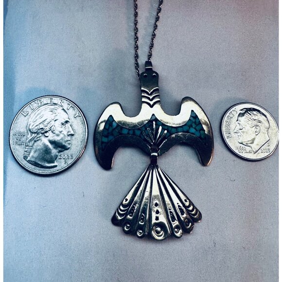 Vintage Sterling Silver Turquoise Inlay Thunderbird Pendant Necklace 10g, 16"in - Picture 10 of 11